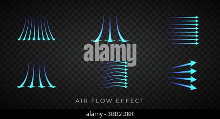 Set of blue arrow showing air flow direction. Isolated on transparent background. Stock Vector