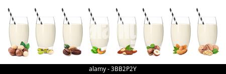 Different types of nut milk in glasses isolated on white, set Stock Photo