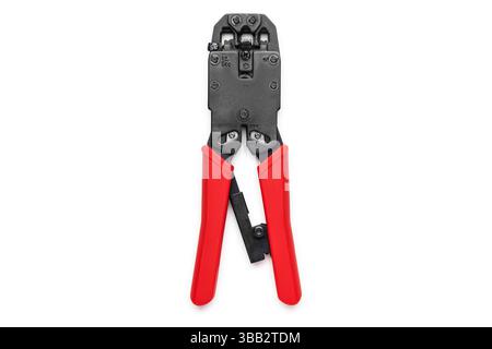 Close-Up of a Cable Crimping Tool With Red Handles on White Background Stock Photo