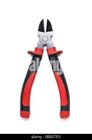 Red and Black Hand Tool for Cutting Wires on White Background Stock Photo