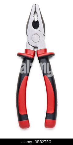 Red and Black Utility Pliers with Gripped Handles Isolated on White Background Stock Photo