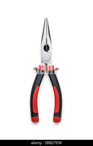 Red and Black Needle-Nose Pliers Isolated on White Background Stock Photo