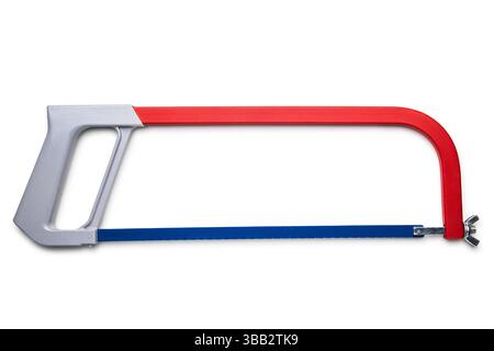 Metal Hacksaw With Red and Blue Design Isolated on White Background Stock Photo
