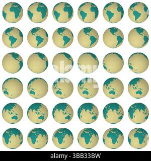 Collection of earth globes. Normal sphere view. Rotation step 10 degrees. Solid color style. World map with graticule lines on white background. Stock Vector