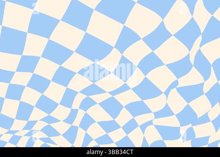 Checkerboard pattern with wavy check background and trippy chess texture. Warped board design with abstract black and white swirl grid. Retro textile Stock Vector