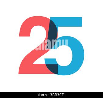 Overlapping red and blue 25 digits with transparent effect, evokes modernity, joy, energy. Anniversary number design for branding, event graphics Stock Vector