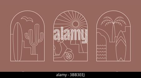 Line arabic surfing spot banners. Moroccan style landscape, surfboard, sun, ocean vector background. Stock Vector
