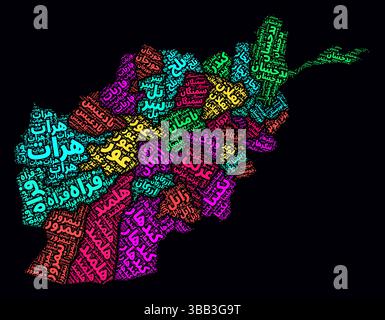 Afghanistan Regions Word Clouds. Bright neon style design on a dark background. Region names of the country in the Pashto language. Stock Vector
