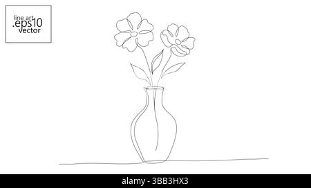 Flowers in vase line art. Continuous outline floral arrangement minimalist design. Wedding invitation decoration card print art. Simple stroke white Stock Vector