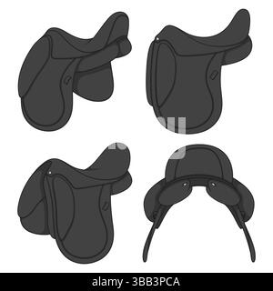Set of color illustrations with black horse saddle. Isolated vector objects on white background. Stock Vector