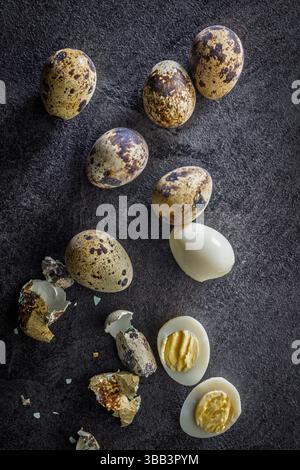 Boiled quail eggs on a black table. Top view. Stock Photo