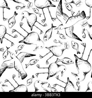 Sea gulls. flying, standing in a captain s cap and smoking a pipe. Watercolor illustration. Seamless pattern. For decoration of children s wallpaper Stock Vector