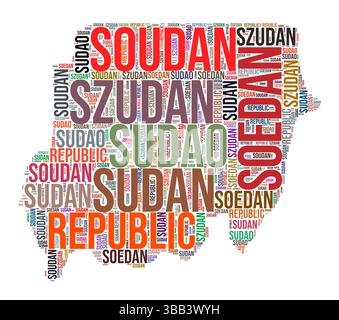 Sudan country shape word cloud. Typography style country illustration. Sudan image in text cloud style. Vector illustration. Stock Vector