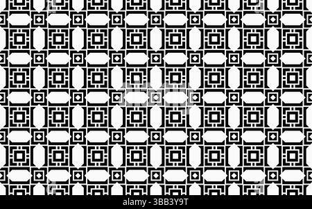A detailed geometric pattern showcases striking black and white shapes arranged meticulously in a repeating layout, creating visual interest. Stock Photo