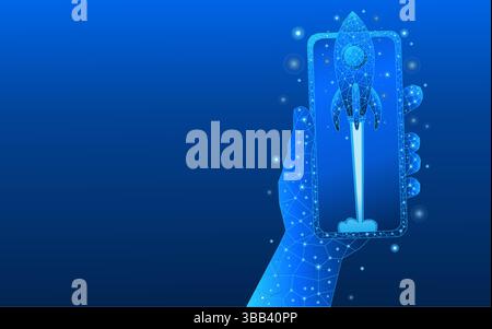 Abstract digital rocket launching from smartphone screen held by hand. Spaceship on futuristic technology background. Business boost or internet conne Stock Vector