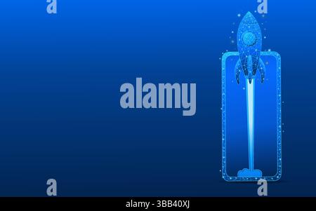 Abstract digital rocket launching from smartphone screen. Spaceship on futuristic technology background. Business boost or internet connection concept Stock Vector