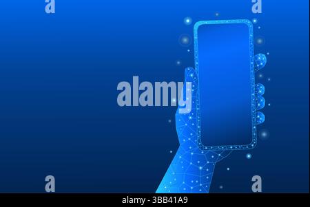 Hand holding a smartphone on low poly technological blue background. Mobile technology concept Stock Vector