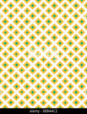 Bright geometric pattern features yellow diamonds with turquoise centers on a white background, creating an eye-catching design ideal for interiors. Stock Photo