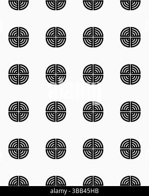 Repeating circular pattern fills a white surface, showcasing simple black designs in an organized manner, creating visual interest. Stock Photo