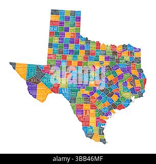 Texas shape. State word cloud with county division. Texas colored illustration. County names cloud. Vector illustration. Stock Vector