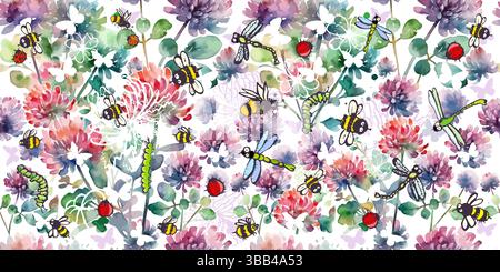 Seamless watercolor pattern with colorful wildflowers. Clover Watercolor Flower with Butterflies , bees and dragonflies. hand drawn. Not AI, Vector Stock Vector