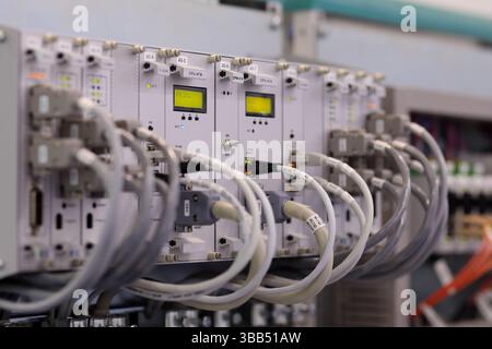 Industrial computer control system mounted in rack. Selective focus. Stock Photo