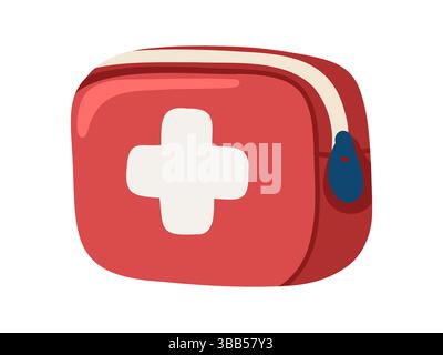 Red zipper travel-size first aid kit. Portable Bag for Vacation Medicines. Cartoon vector illustration on white background.  Stock Vector