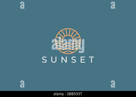 Gold Sun Sunset Logo Badge Hipster with Beach Ocean Sea Water Linear Outline Business Resort and Hotel Stock Vector