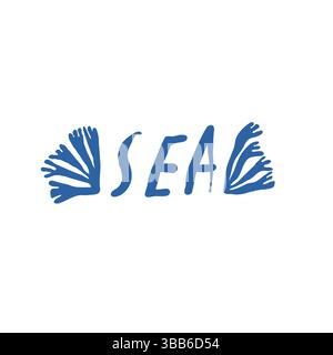 Sea lettering with hand drawn seaweed on both sides in delicate ink lines on white background Stock Vector