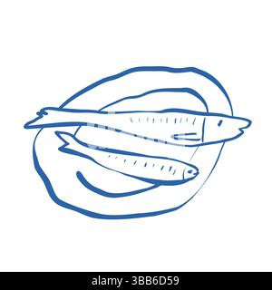 Hand drawn fish on a round plate with rough textured lines in simple minimalistic style Stock Vector