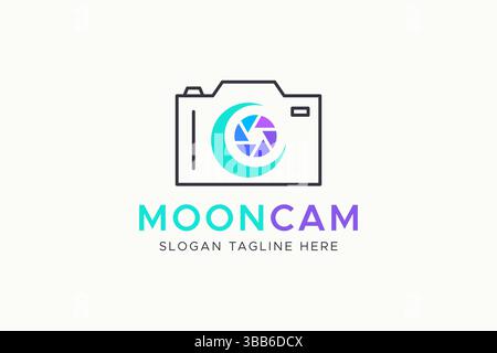 Camera Logo Photography Dream Concept with Lens and Crescent Shape Sign Symbol Stock Vector
