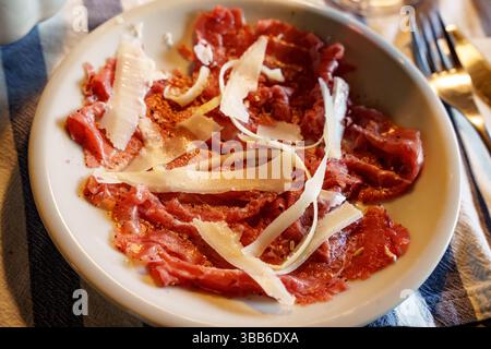 Carne Salada (EN: Salted Meat), A Traditional Meat Dish From Trentino. Beef Is Dry-marinated With Salt And Spices Such As Pepper, Bay Leaves, And Garl Stock Photo