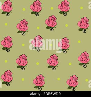 Beauty of vintage seamless pattern of pink roses and yellow polka dot on green background vector illustration Stock Vector