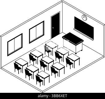 Simple and cute isometric line drawing illustration of a school classroom with blackboard, teaching table, desks and chairs, Vector Illustration Stock Vector