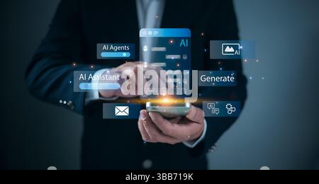 Automation technology, Future digital communication, Businessman using smartphone with AI chatbot interface Representing artificial intelligence assis Stock Photo