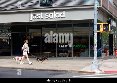 A person walking their dogs outside a Just Salad fast casual restaurant on N 4th St in Brooklyn's Williamsburg neighborhood Stock Photo