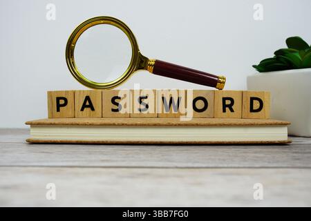Magnifying glass with wooden blocks alphabet letters PASSWORD text message on wooden background Stock Photo