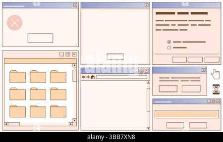 Retro user interface kit - vintage computer program window layouts, dialog boxes, button panels, text fields and scrollbars. Old school style graphic design elements collection for gui and web page. Stock Vector