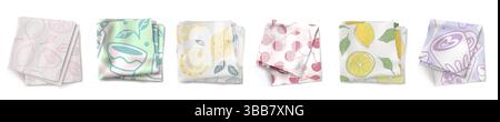 Kitchen towel napkin set with fruit patterns - cherry, lemon and tea print on pastel color fabric. Cute summer design for cotton cloth napkins collection. Folded tableware linens and handkerchiefs. Stock Vector