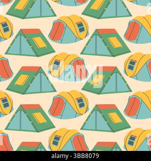 Camping tent seamless pattern on beige background. Summer camp pattern design in hand drawn flat style for scrapbooking, textile, wrapping, banner Stock Vector