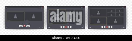 Videocall User Interface. Set of Video chat screen template. Online chat with avatar and buttons for mobile, computer, laptop. Flat Vector Stock Vector