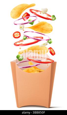 Potato chip. Tasty seasoned chips with onions, bell pepper and chili pepper rings, garlic and scallion falling in a kraft paper bag, isolated on white Stock Vector