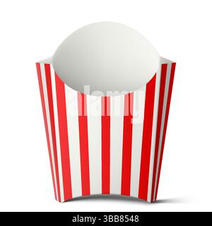 Striped red and white paper french fry box with shadow. Isolated 3d mockup. French fries holder cardboard container empty. Realistic mock-up. Fast str Stock Vector