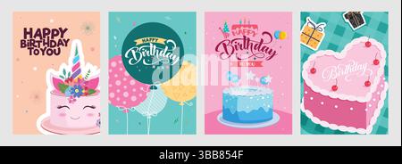 Happy birthday greeting card clipart poster set. Birthday wishes and invitation card clip art collection with unicorn cake, heart and balloons sticker Stock Vector