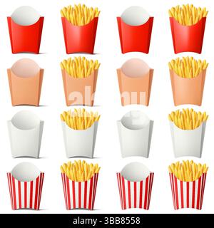 French fries in red and white paper french fry boxes isolated on a white background. Delicious French potato fast food pack boxes. Empty And Full. Rea Stock Vector
