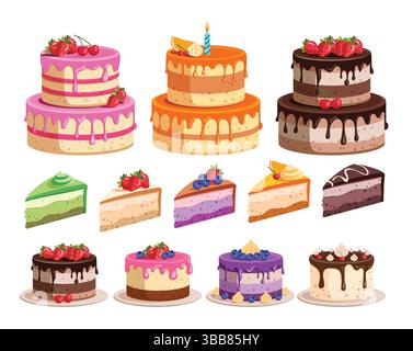 Birthday cake elements clipart set. Birthday cake dessert in whole, two layers and slices clip art with delicious flavors like strawberry, lemon Stock Vector