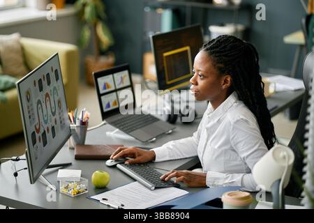 African American woman working at desk with multiple computer monitors displaying various charts and graphs in a modern office environment, focused on Stock Photo