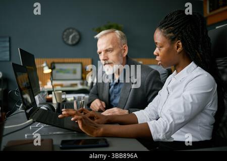 Senior man and younger woman working together on project in modern office setting, using laptops and analyzing data in relaxed yet focused atmosphere Stock Photo
