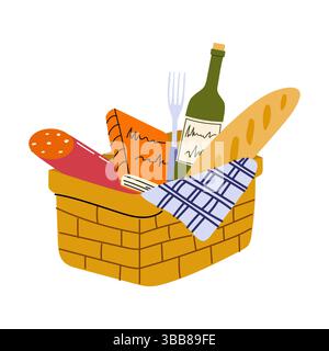 Picnic basket filled with assorted food items for an outdoor gathering in spring Stock Vector