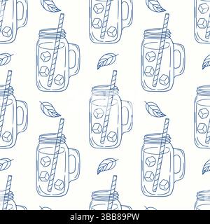 Mason jar drinks filled with ice and straws set against a white background in a pattern Stock Vector